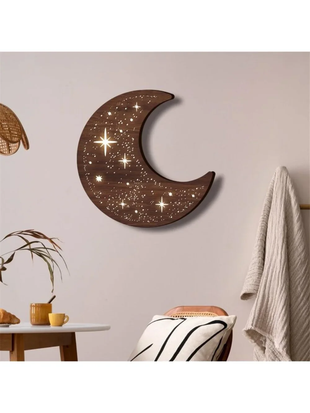Wooden Moon Phase Wall Art Decor - LED Night Light Sculpture for Home Decor